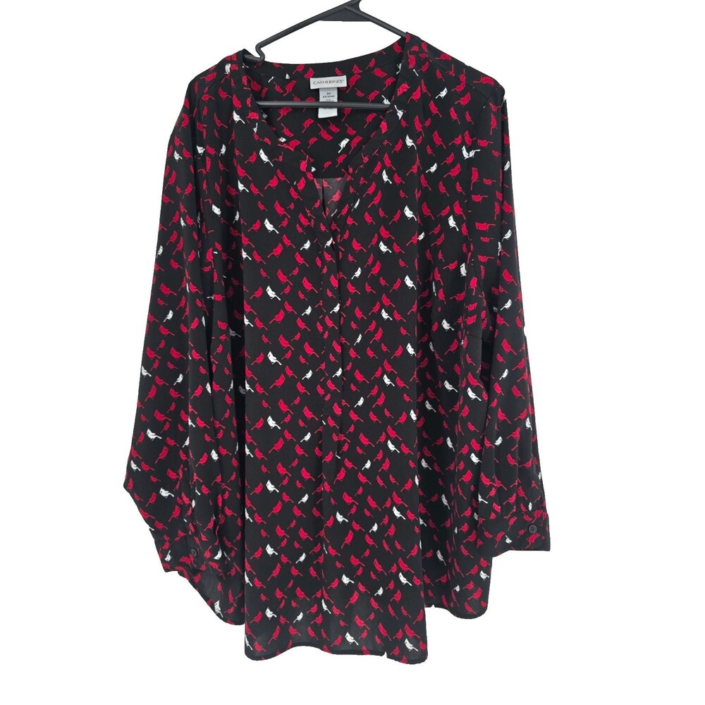 CATHERINES Size 2X Womens Tunic Top Black Red Bird Print Blouse